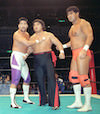 蝶野正洋（左）、橋本真也（中央）、武藤敬司（右）の若い頃（闘魂三銃士時代）